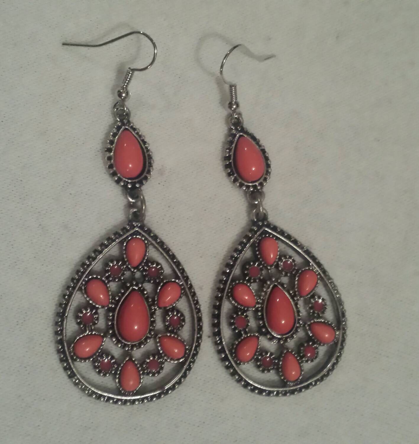 Antique Silver and Coral Dangle Earrings Antique Style
