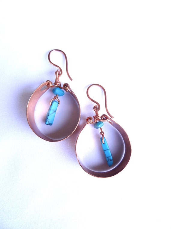 Copper Sheet Metal Hoop Earrings with Turquoise by amaliyjewelry