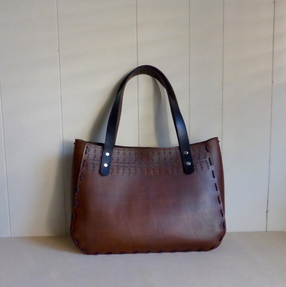 Juliette Extra Large Brown Tooled Leather Tote Bag Purse Handmade in ...