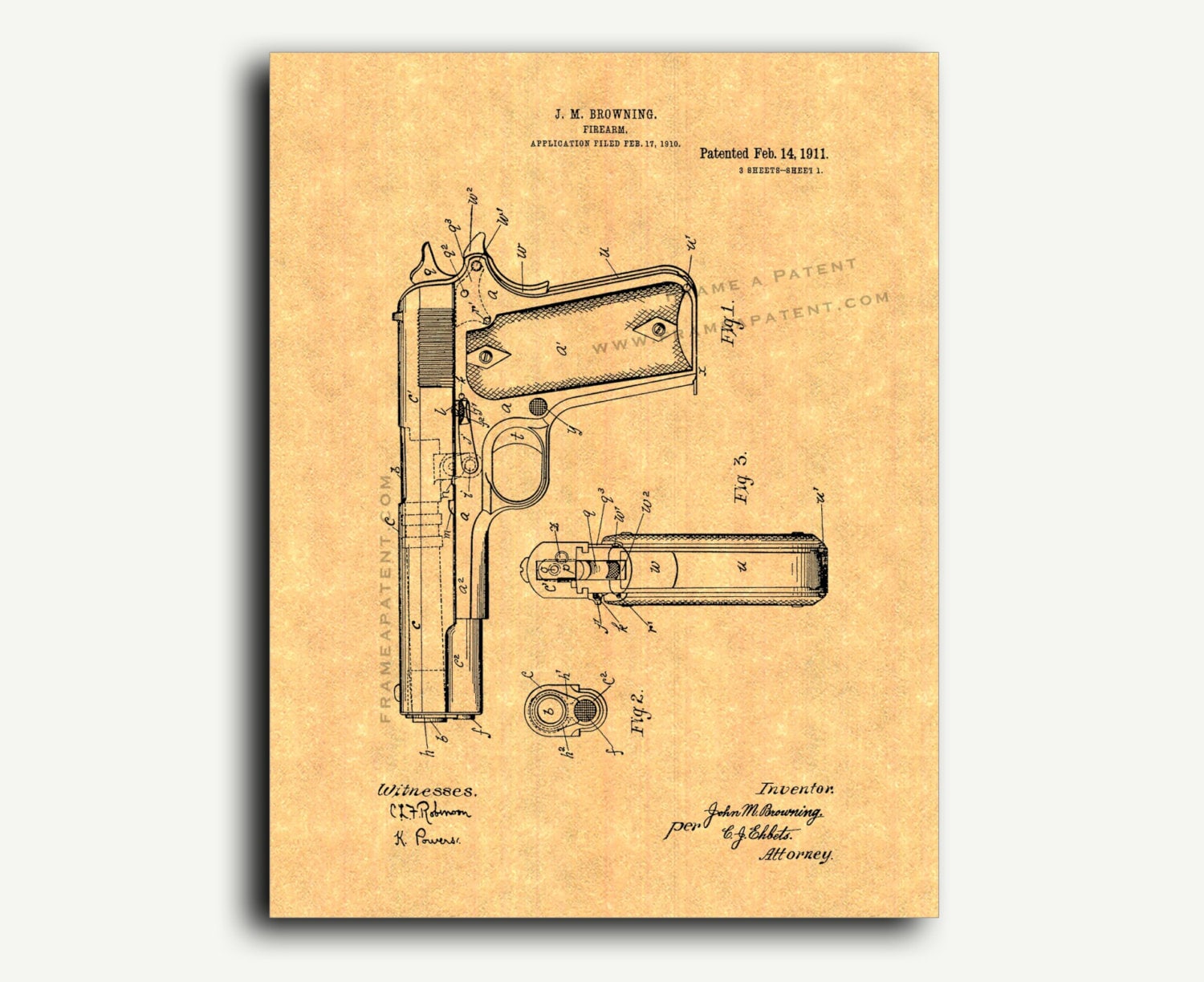 Patent Print Colt 1911 Gun Patent Wall Art Poster by FrameAPatent