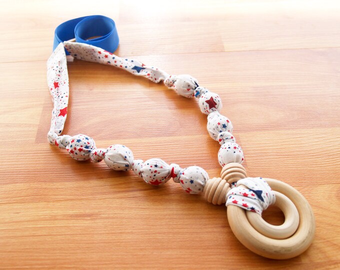 Breastfeeding Nursing Necklace, Teething Necklace, Babywearing Necklace, Fabric Necklace, Mothers Day Gift - Red White and Blue Stars