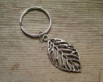 Silver Leaf Keychain, Antiqued Silver Cutout Leaf Key Ring, Nature Key Chain