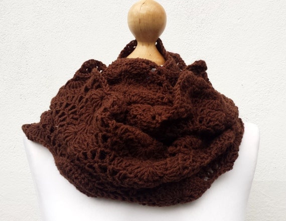 Merino Hand Knitted Infinnity Chunky Scarf, Cowl, Brown Scarf, Shawl, Wrap for women, Cowl, chocolate brown chunky scarf