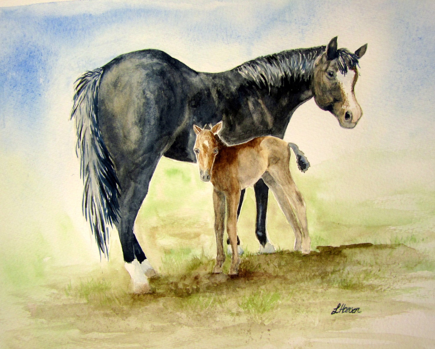 Mare and foal ORIGINAL watercolor painting wall art