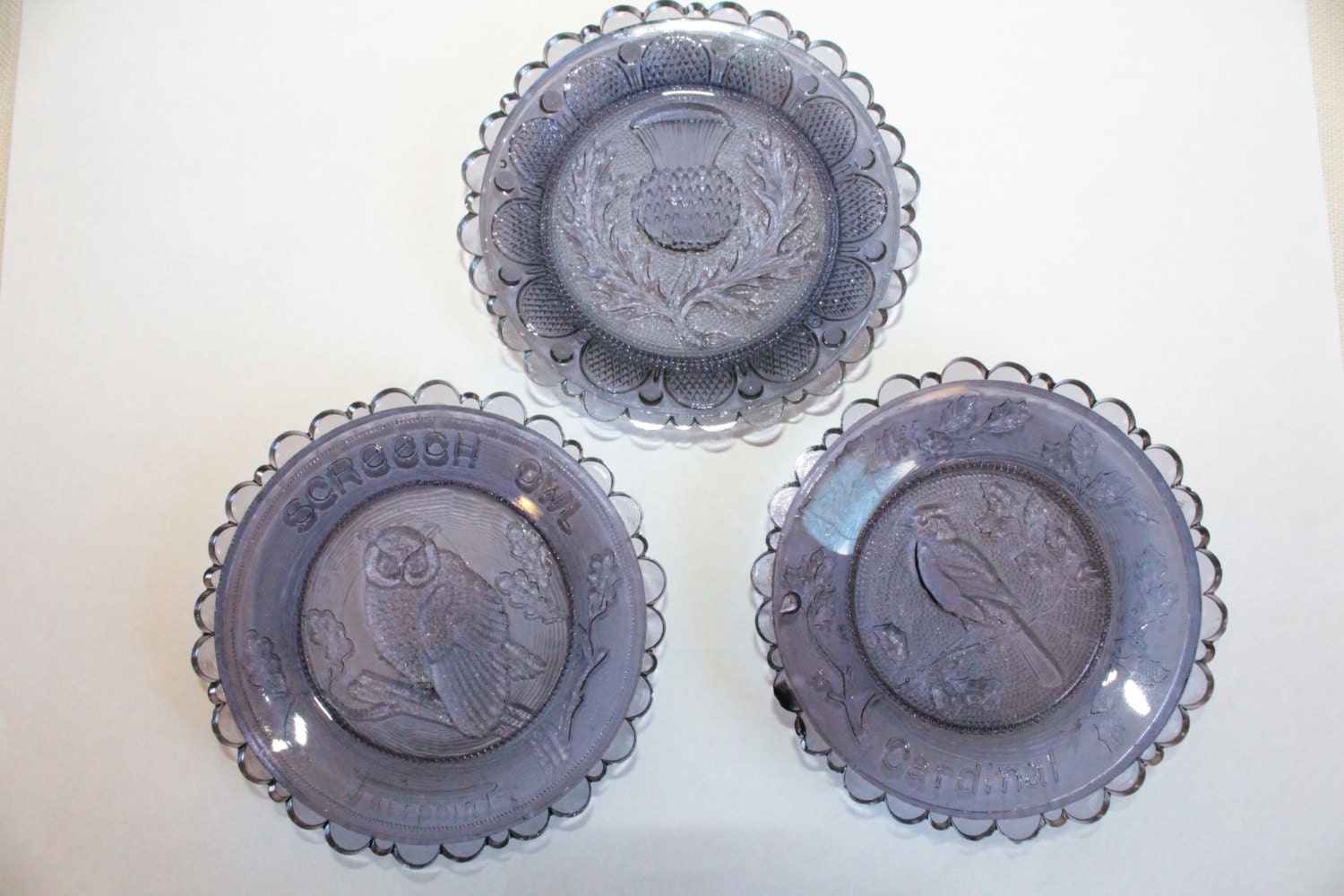 Pairpoint Glass Cup Plates Set of THREE Screech by OhThatsAFind
