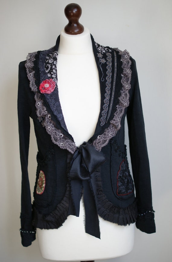 Reworked black jacket, Victorian jacket, bohemian jacket, shabby chic jacket, wearable art, tattered jacket, altered jacket, goth jacket. by KingaDesign steampunk buy now online