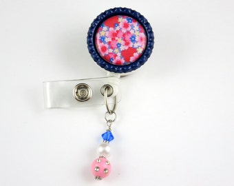Blue and Pink Flowers - Retractable ID Badge Holder-Name Badge Holder-Nurses Badge-Badge Clip-Badge Reels-Pediatric-RN-Nursing Badge Holder