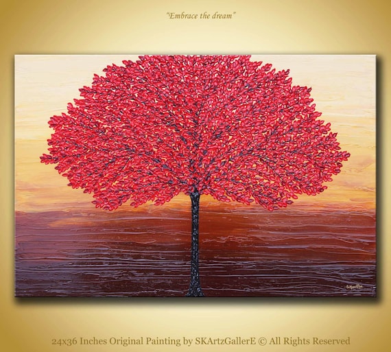 Red Tree Painting Original Artwork Modern Landscape Red