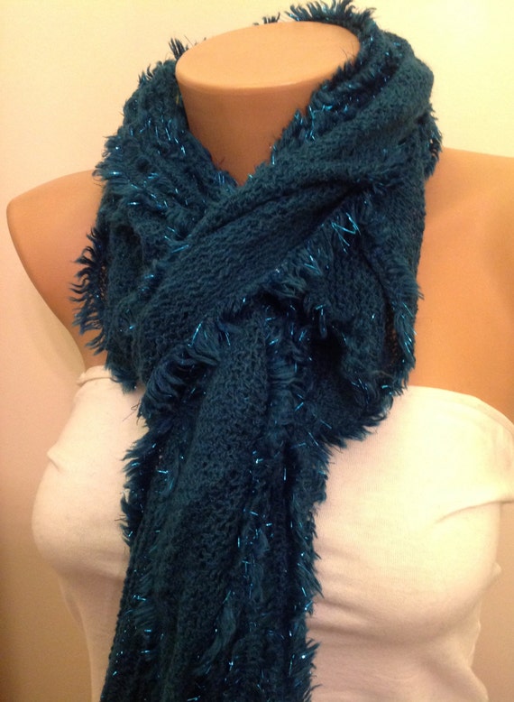 Dark Green Knitted ScarfFringed ScarfKnitted by EcoScarvesDesign