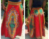 African Clothing; Red African Dashiki Maxi Skirt;  African fashion; African Print; African Skirt; Sizes XS-L