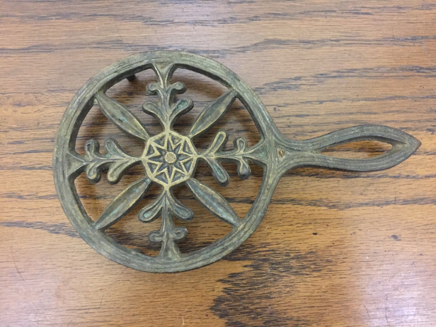 Vintage Round Brass Footed Trivet With Handle by SillyFlyVintage