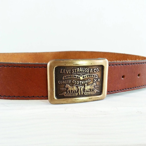 Levis Brass Belt Buckle Vintage Tobacco Brown Leather Belt