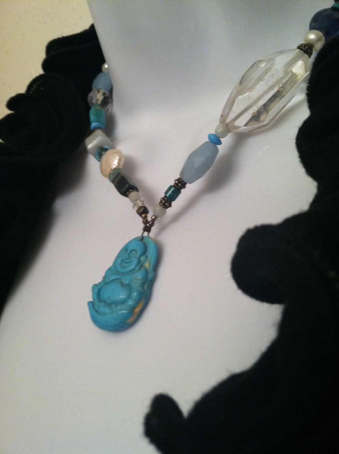 Retro Funky Blue Stone Pendant on Beaded Necklace