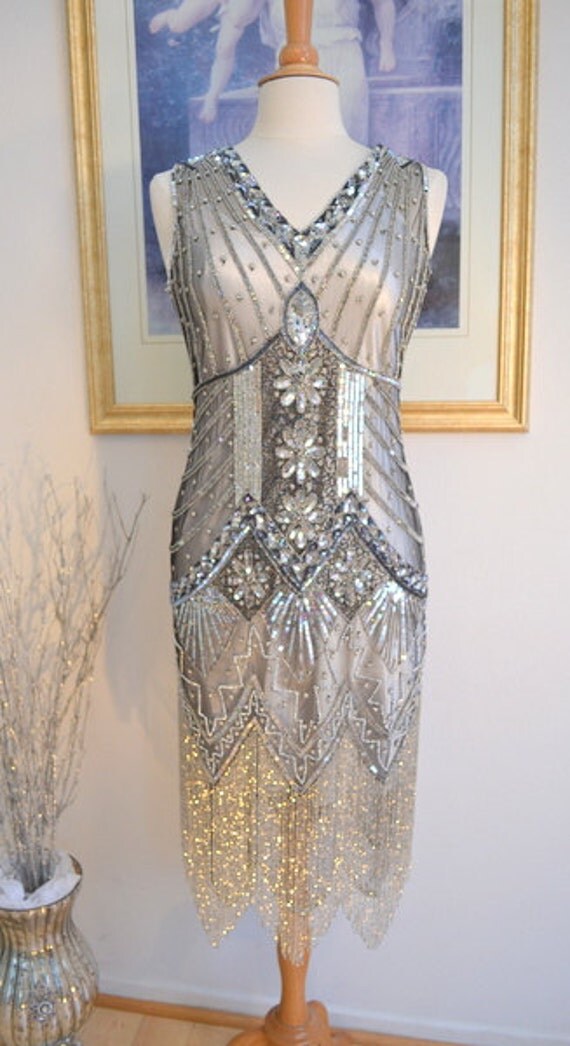 1920s Style Silver Beaded STARLIGHT Flapper Dress S m l