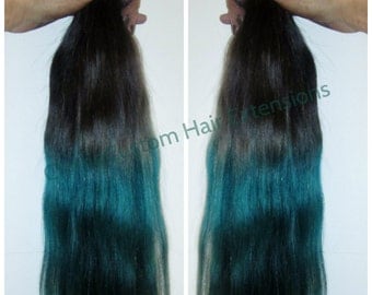 SALE Dip Dye 8A Remy Human Hair Extensions Double Weft Clip Ins Ombre Balayage Off Black Colour 1B to Turquoise 24" 200g