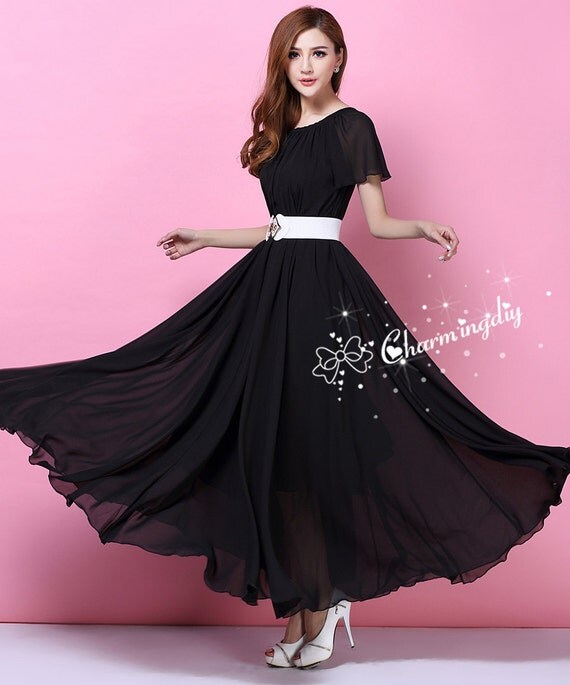 60 Colors Chiffon Black Short Sleeve Long Party Dress Evening