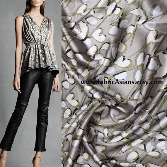 Grey Silk Fabric Heart Print Fabric. Charmeuse silk fabric. Stretch