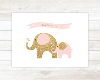 pink and gold glitter printable thank you cards, baby shower pink and gold glitter elephants thank you card - personal use