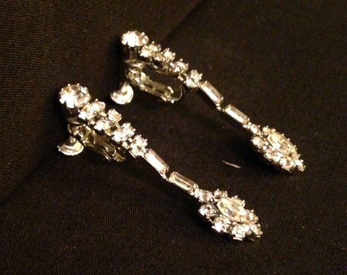 Storewide 25% Off SALE Vintage Silver Tone Diamond Rhinestone Encrusted Designer Clip Earrings Featuring Elegant Slim Style Finish