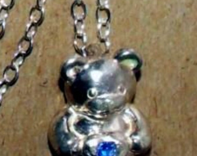 Storewide 25% Off SALE Beautiful Vintage Sterling Silver Bear Pendant Featuring Sapphire Embellished Belly Stone Accompanying a Sterling Sil