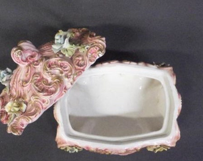 Storewide 25% Off SALE Vintage Porcelain Capodimonte Inspired Footed Lidded Jewelry Box Featuring Rose Flowers With Gold Swirl Accents in Lo