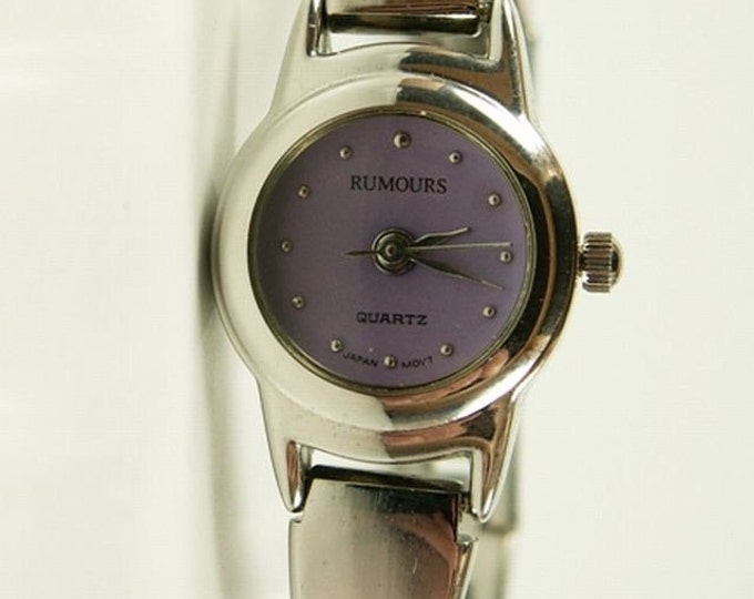 Storewide 25% Off SALE Lovely Vintage Ladies Rumour Quartz Silver Tone Watch with Pink - Purple Face & Partial Cuff Style Band
