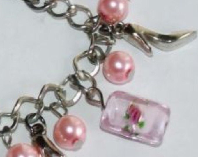 Storewide 25% Off SALE Vintage Silver Tone Designer Charm Bracelet Featuring Assorted Pink Pearls And Silver High Heals Accompanied By Cryst