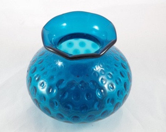 Storewide 25% Off SALE Vintage Deep Blue Hand Blown Glass Rounded Vase Featuring Beautiful Hobnail Bubble Design