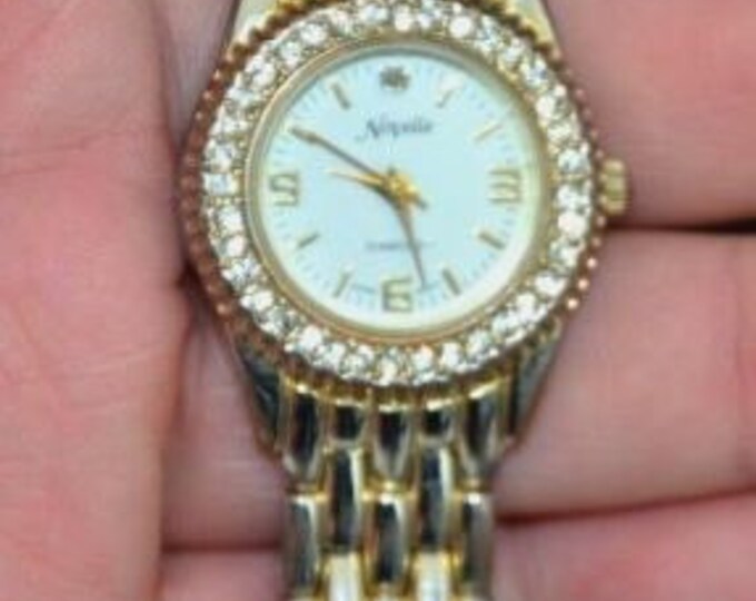 Storewide 25% Off SALE Vintage Ladies Novelle Quartz Brushed Gold Tone Diamond Bezel Watch Featuring Original Snap Clasp Band