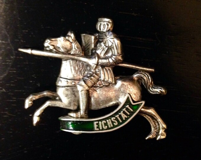 Storewide 25% Off SALE Unique Vintage Silver Tone Mounted Knight In Shining Armor Lapel Pin Featuring Inscribed 'Eichstatt' and Classical Me