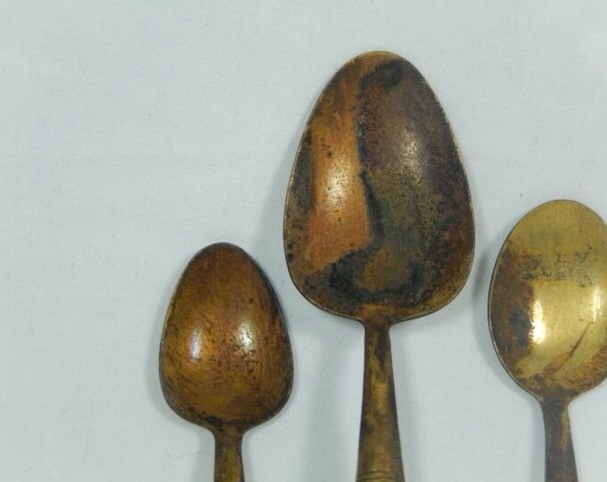 Storewide 25% Off SALE Collectable Antique Civil War Era 3 Piece Traveling Soldier Gold Tone Dinner Spoons Featuring Black Handles