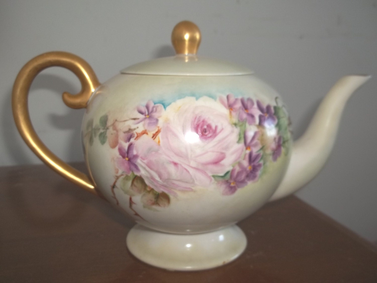 Vintage Handpainted Teapot Lavender Roses and Violets