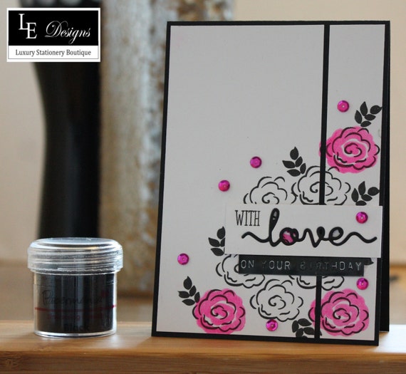 Luxury Handmade Monochrome and Pink Floral Birthday Card