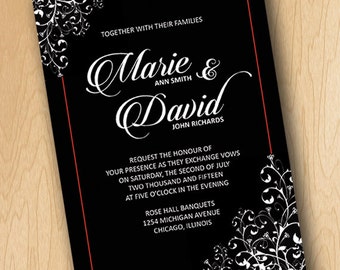 Elegant Black with Red Accent Wedding Invitation & Reception Card- Printable Digital File ONLY