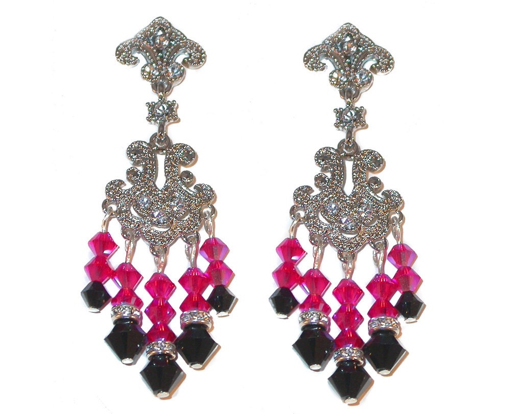 HOT PINK & Jet BLACK Chandelier Earrings Silver Prom Formal