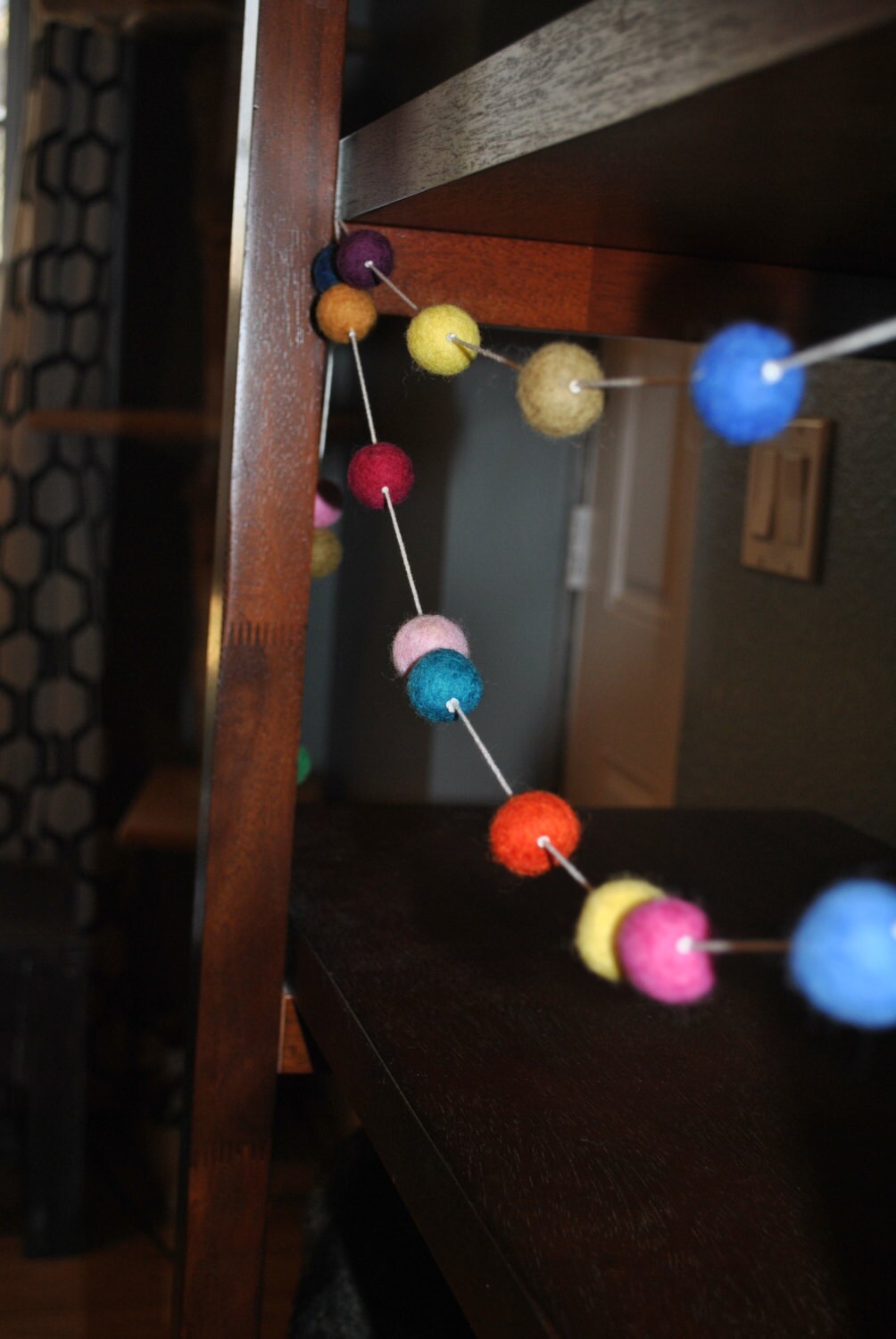 Bright Felted Ball Garland on White String Christmas Garland