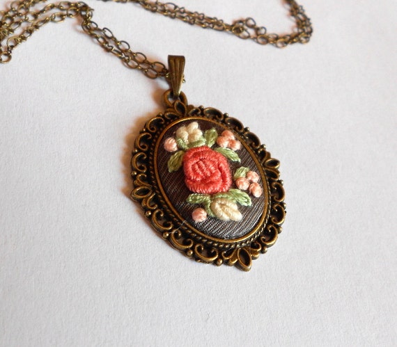 Embroidered Flower Necklace Embroidered fabric pendant Rose Necklace Embroidery art Mothers jewelry Gift for her