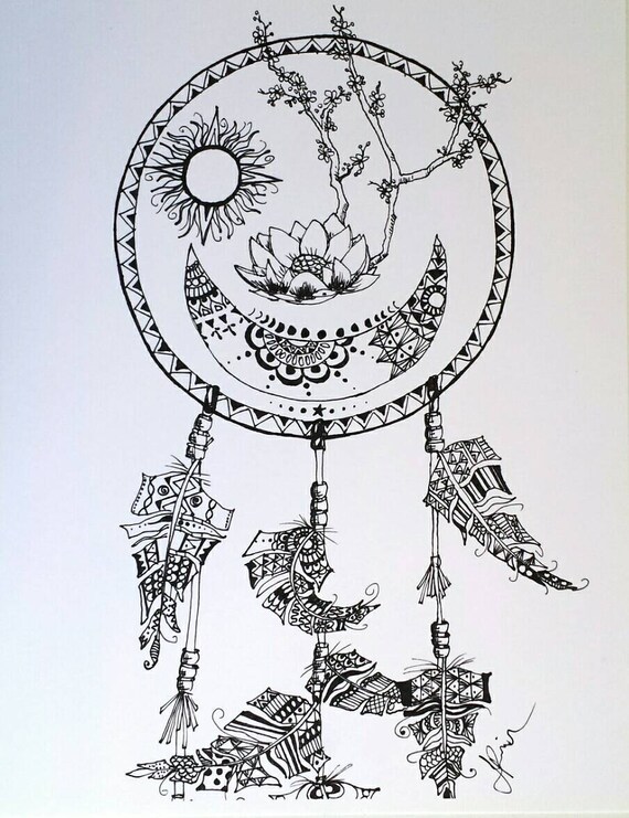 Items similar to Pen and ink dream catcher print, Moon, sun, earth ...
