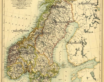 Antique Sweden and Norway Map (1887) Ultra High Resolution 8” x 10” to 36” x 46” 300 dpi instant digital download