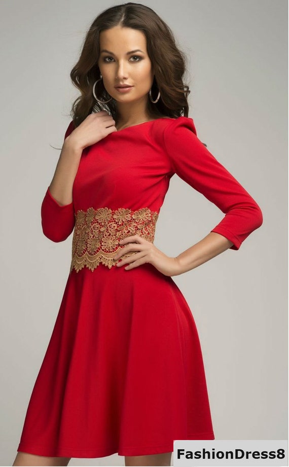 Red Formal dress ,Short Evening Flared Gown with Lace ,Wedding in Red.