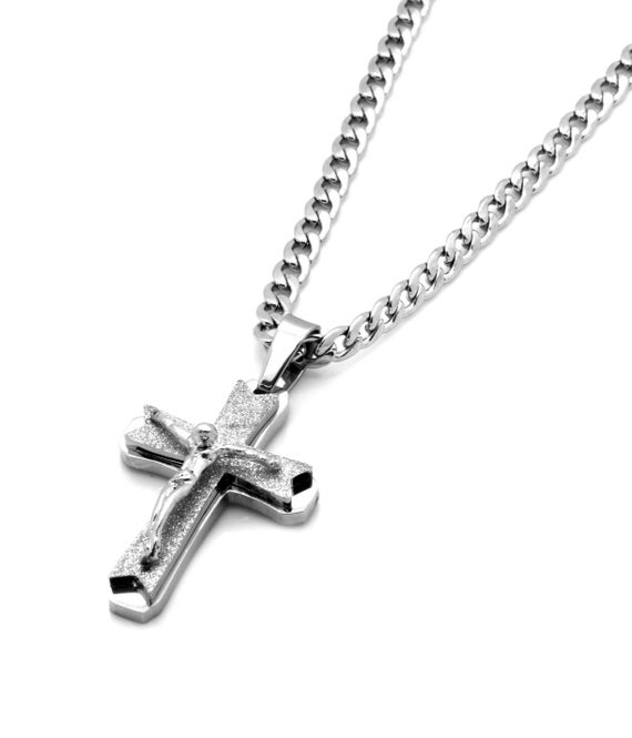 Silver Stainless Steel Mini Rough Spike Cross Pendant 24