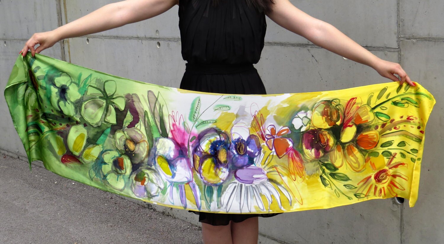 Silk scarf hand painted Floral silk satin scarf handpainted