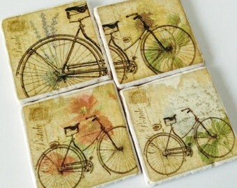 Bicycle Coasters - Vintage Bicycles - Paris Bicycles - Postcard Background - Natural Stone - Perfect for Bicycle Enthusiast - Set of 4