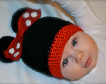 Baby Minnie Mouse Hat, Newborn Minnie Mouse Hat, Minnie Mouse Hat, Crochet Minnie Mouse Hat, Minnie Mouse Photo Prop, Minnie Mouse Clothing
