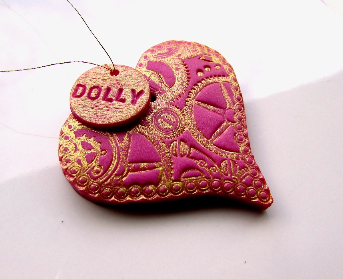 Personalized Steampunk Heart Christmas Decoration in raspberry