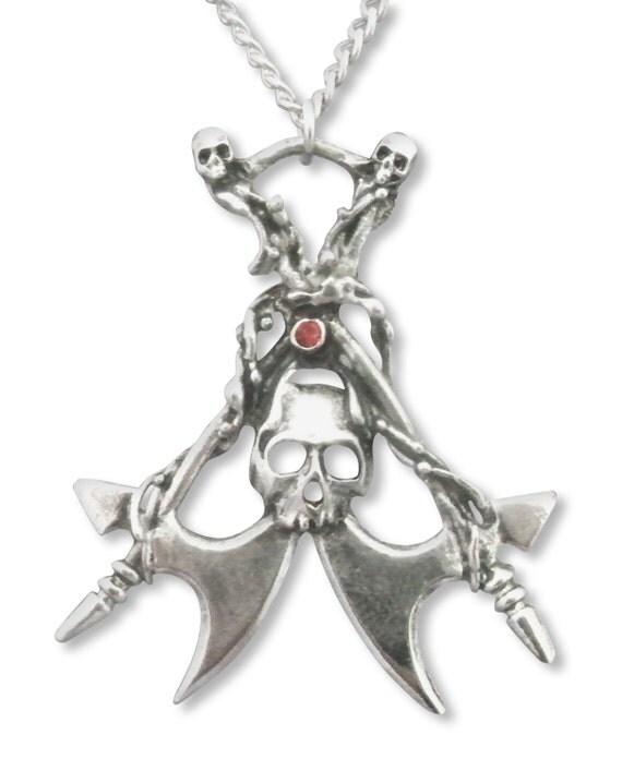 Skulls on Crossed Axes with Red Crystal Silver Finish Pewter