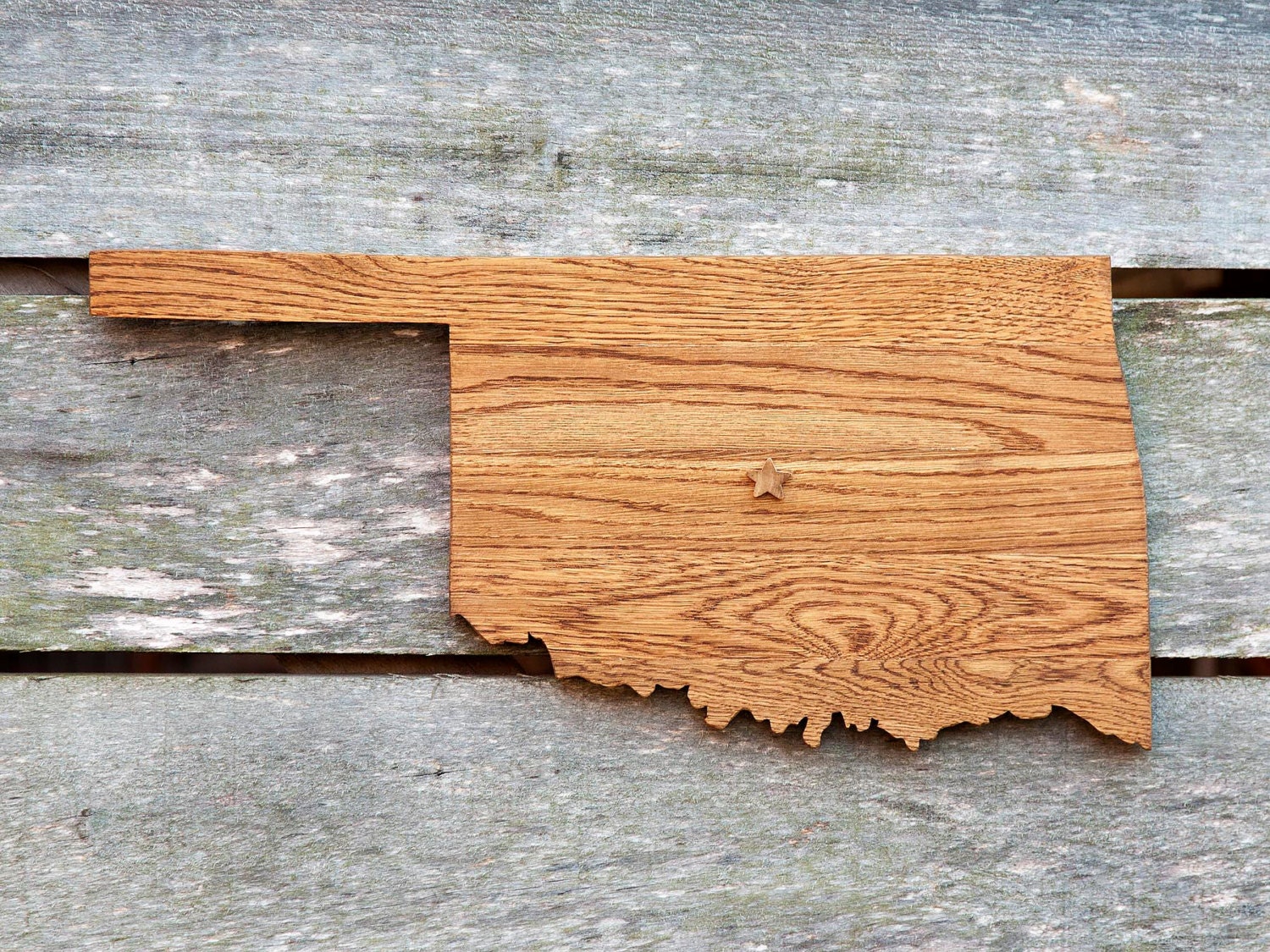 Oklahoma state shape wood cutout map sign wall art w star or