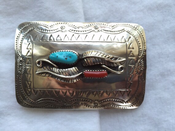Vintage Sterling Silver Women&#39;s Belt Buckle with Coral and