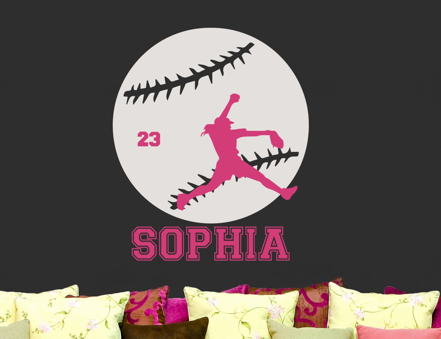 Girls Softball Sports Custom Vinyl Name Decal Nursery Monogram