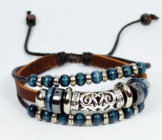 Items similar to free shipping,brown leather and blue beads metal ...